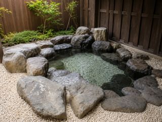 自然石を配した露天風呂。川のせせらぎを聞きながら、キャンプの疲れをゆっくり癒せます。