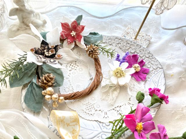 本物の花・布でつくる季節のアクセサリーやリース