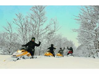 白銀の森の中、スノーモービルが勢いよく走り抜ける。ライダーたちは、アップダウンのある林道を楽しみながら、スピードと自然の美しさを満喫できます!