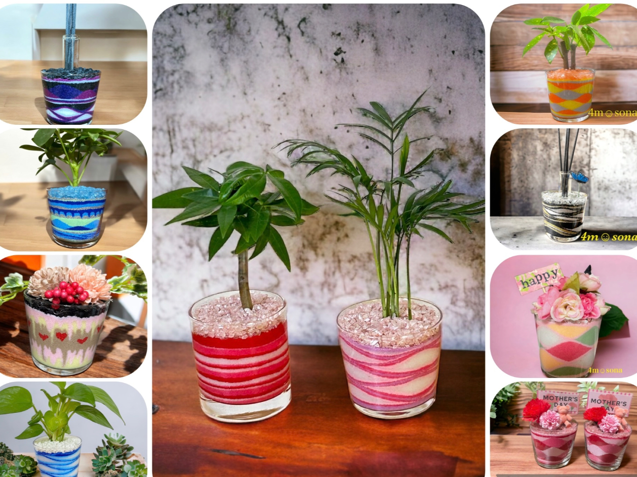 たくさんの色のお砂から自分の選んだ色の砂を使ってスプーンで模様をつけていきます!上の飾りはアーティフィシャルフラワーや、ディフューザー、観葉植物から選べます!