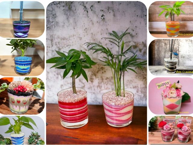 たくさんの色のお砂から自分の選んだ色の砂を使ってスプーンで模様をつけていきます!上の飾りはアーティフィシャルフラワーや、ディフューザー、観葉植物から選べます!