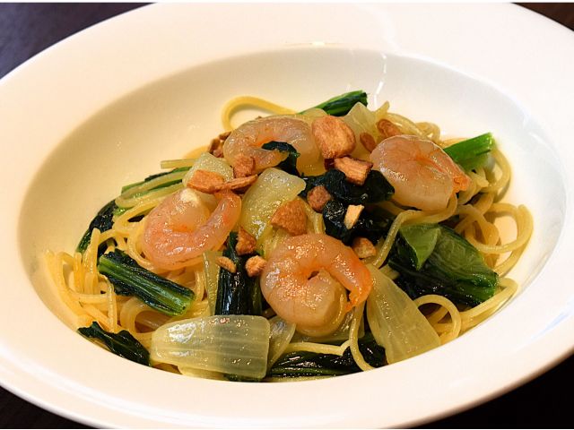 11月メニュー/エビと小松菜のスパゲッティ ニンニク風味