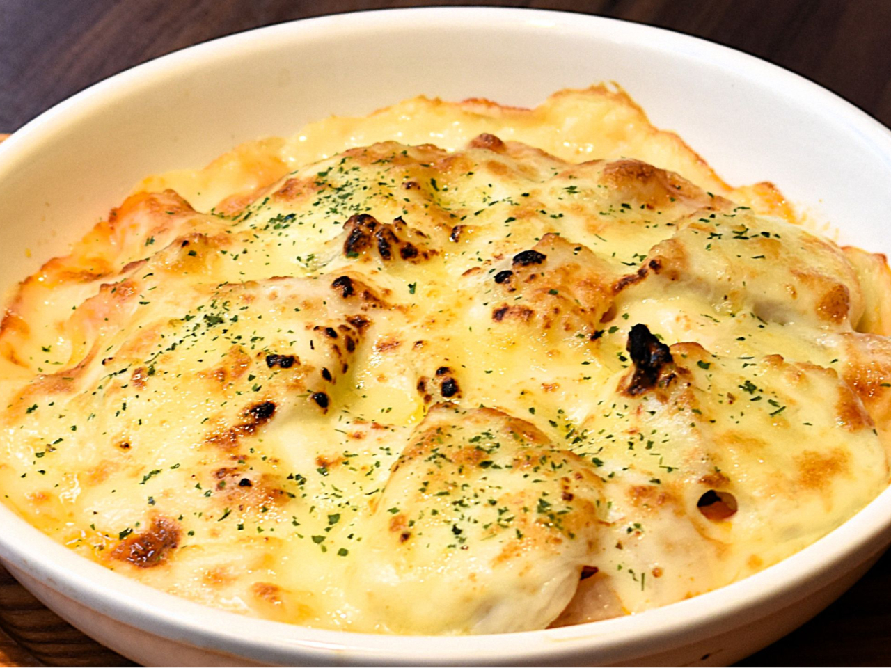 11月メニュー/鶏胸肉と玉ねぎのクリームチーズペンネグラタン トマト風味