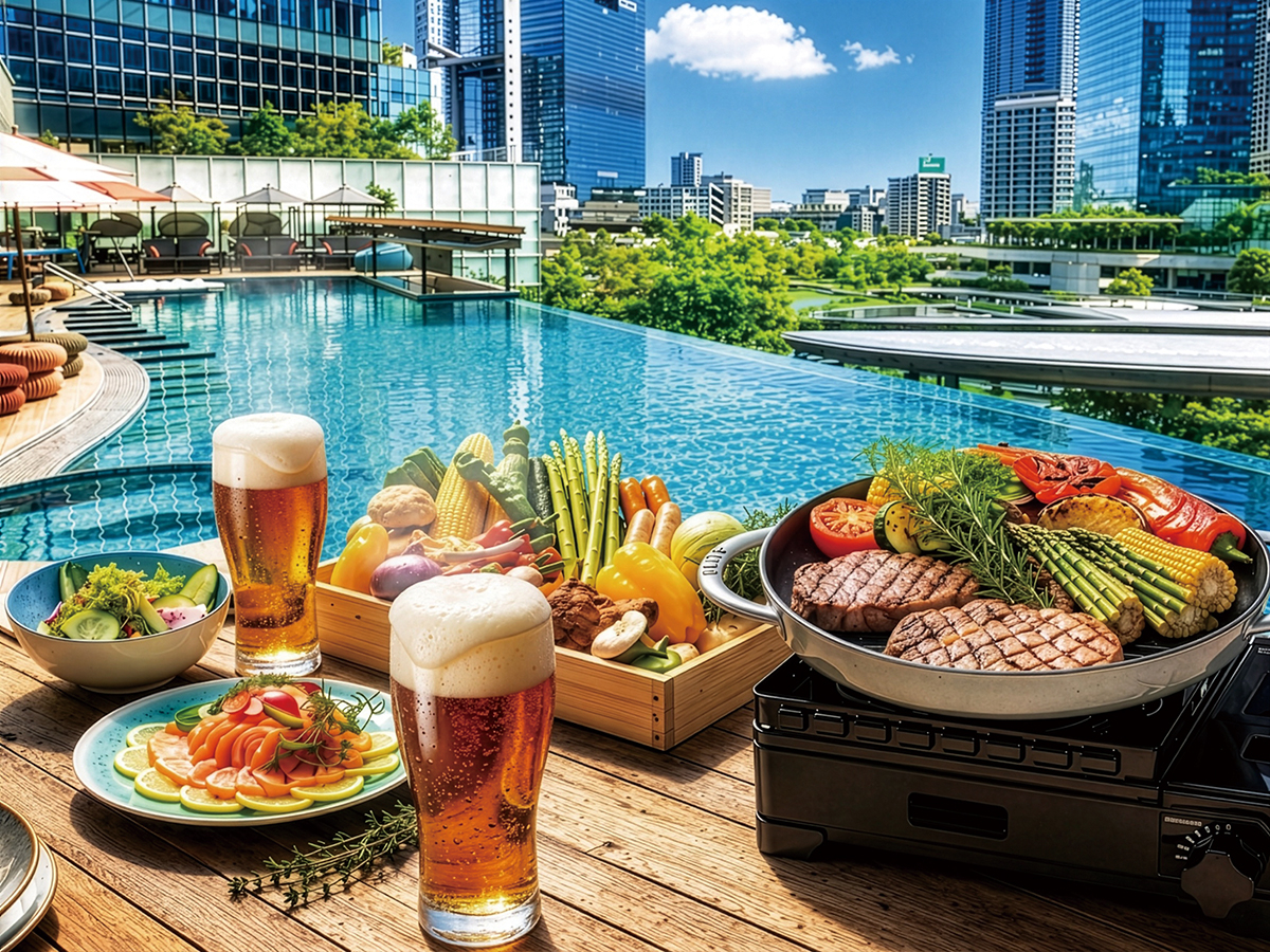 �m�v���~�A��BBQ�n�s��̊X���݂���]���鉮�O�����C���t�B�j�e�B�v�[���̃v�[���T�C�h�ŁA�ɏ�BBQ���������݂��������B