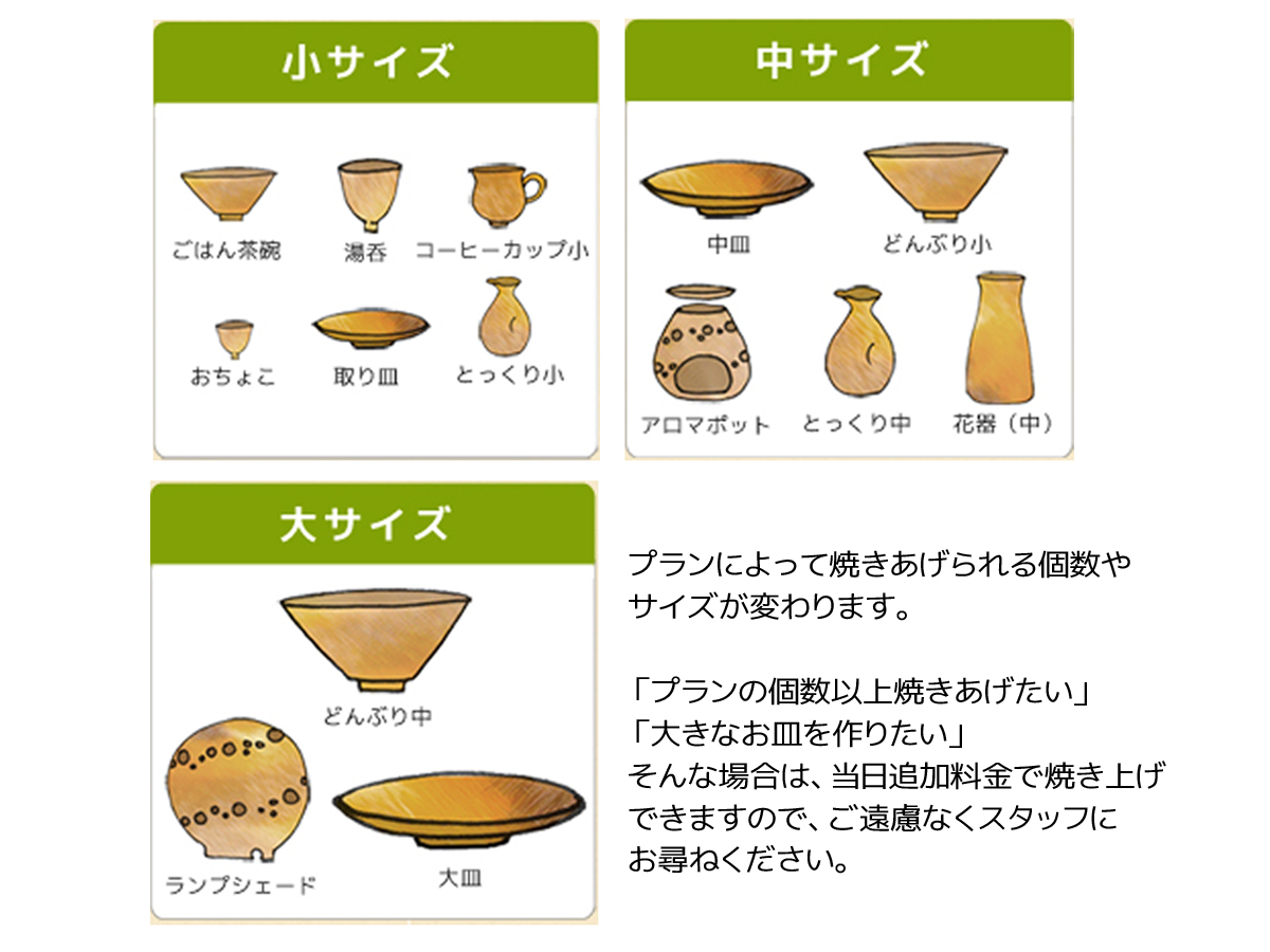 小サイズで3個焼き上げ出来ます。または中サイズ1個と小サイズ1個の2個でもOKです。大サイズは1個となります。それ以上は当日追加料金で焼き上げ可能です。