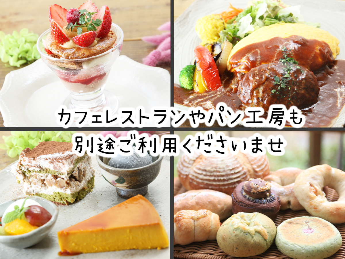 近くのカフェレストランでは益子焼でランチ・スイーツ・ドリンクバーなどがお楽しみいただけます。別途ご利用くださいませ。パン工房、陶器ギャラリーもございます。