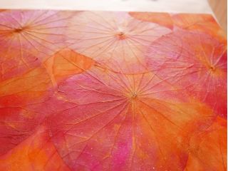 蓮の葉に着色するアート 思い思いの色を重ねて作るため、世界で一つだけの作品となります。子供さんの手形等を付けて成長の記念に。。。自分のご褒美に。。。