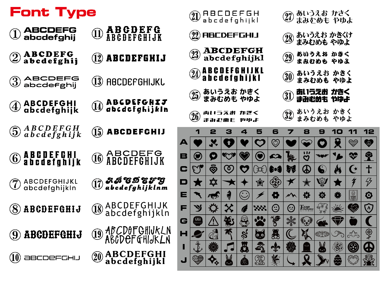 32種類のFont Type 120種類のロゴを組み合わせる!(表以外のロゴは相談可)