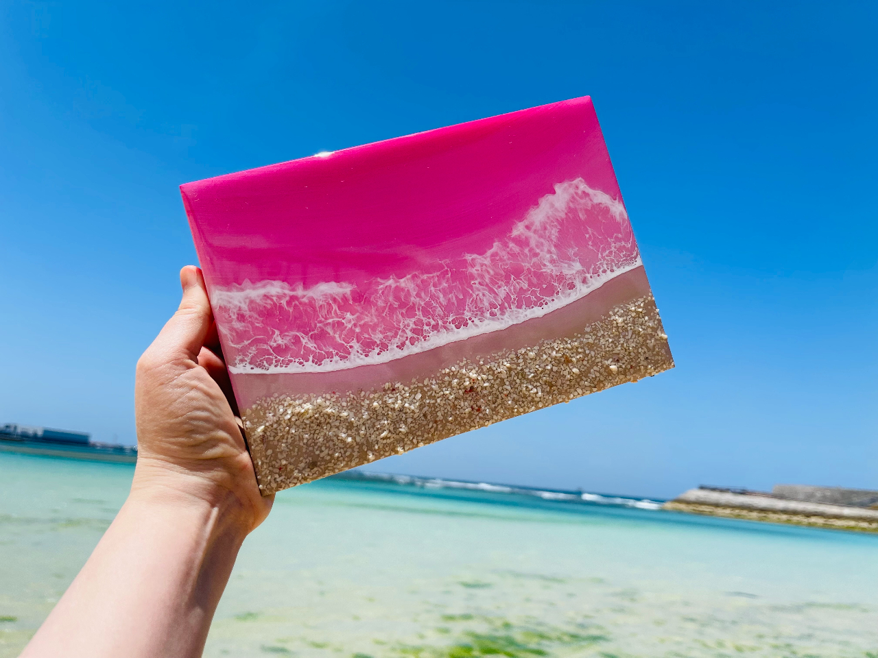 オーシャンアート レジン 海アート パネル ピンク 沖縄 流木 波 ハワイ