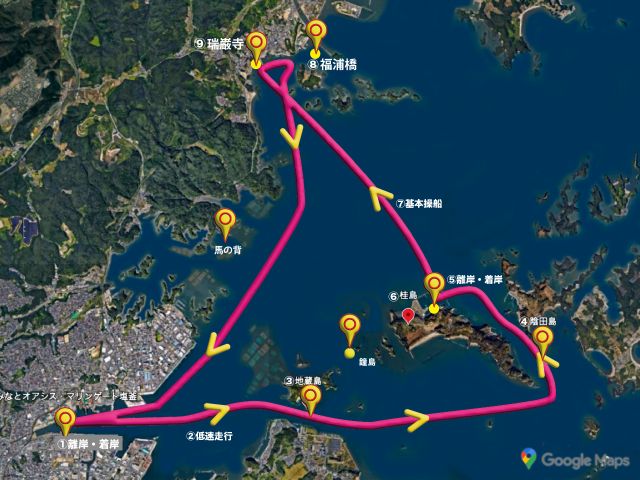 塩釜〜松島湾、絶景教習コースに感動! 塩釜港から松島湾へ。離島や奇岩を巡るコース図がこちら!最高の景色の中で操船を学べる本当に楽しいコース設定です!