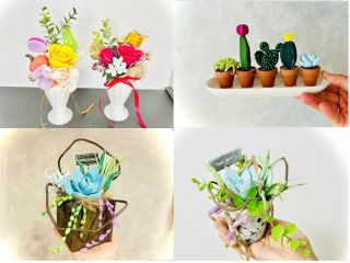 【左上】バラのポット作り(赤・黄の2色から選べる)【右上】ミニチュア多肉【左下】多肉のウッドポット【右下】季節のクレイクラフト@