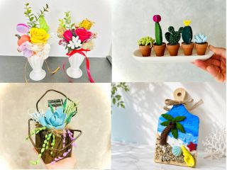 【左上】バラのポット作り(赤・黄の2色から選べる)【右上】ミニチュア多肉【左下】多肉のウッドポット【右下】季節のクレイクラフト@夏休み企画