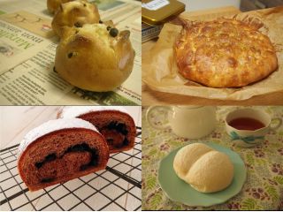 【左上】レーズンパン【右上】フォカッチャ【左下】チョコパン【右下】ハイジの白パン