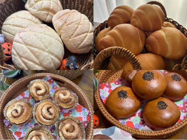 体験プランで作れる4種含め全200種の時短×簡単お家で作れるパン作りも可♪【左上】メロンパン【右上】ロールパン【左下】【右下】