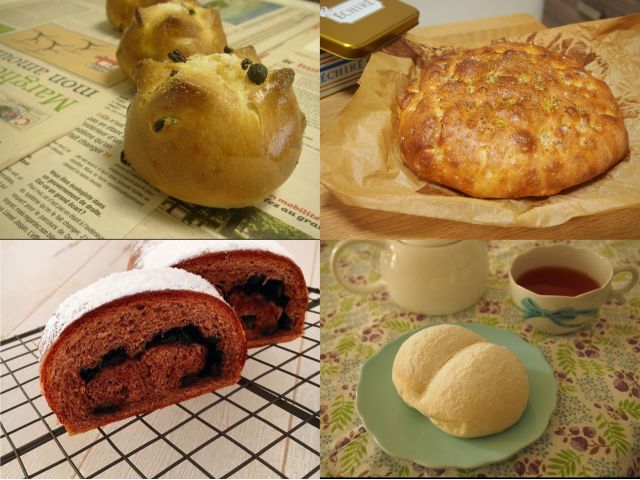 【左上】レーズンパン【右上】フォカッチャ【左下】チョコパン【右下】ハイジの白パン