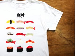 Tシャツやトートバッグ、手ぬぐいにお寿司が印刷できる! シャリやネタを選んで好きな色のインクで印刷♪自由にオリジナルのお寿司をつくってもOKです!