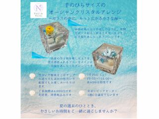 ガラスの器の中に、砂浜や海、そして美しいお花を閉じ込めた「オーシャンクリスタルアレンジ」です。手のひらサイズにご自分だけの海を作りませんか?