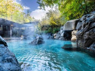 木々に囲まれた天然温泉。洞窟風呂もあり、寝湯もあり外湯は様々なお風呂がお楽しみいただけます。