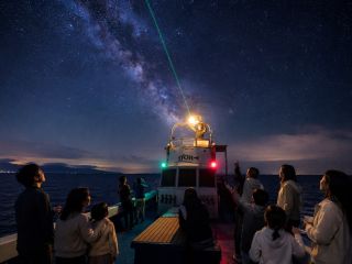街明かりの届かない宮古島の洋上は、まるで天然のプラネタリウム。船の上から満天の星と天の川を見上げます。